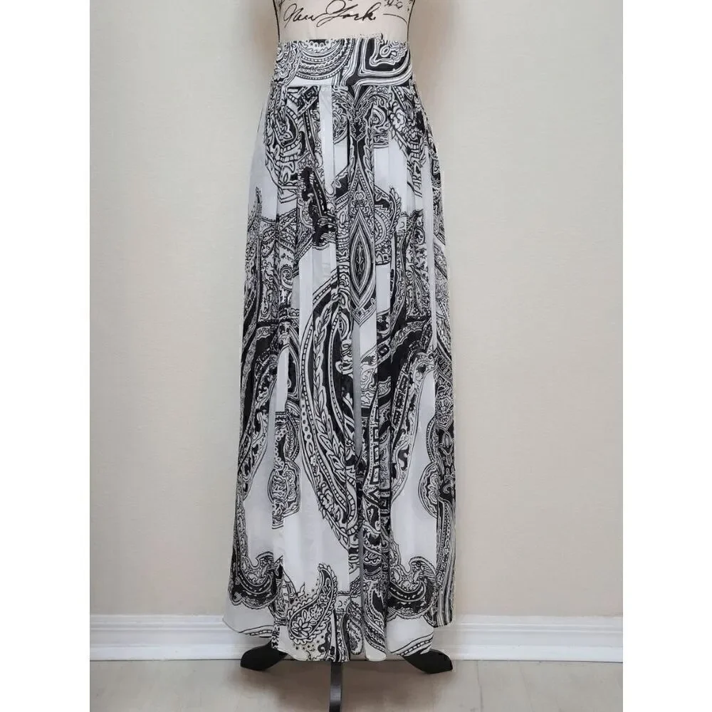 🖤🤍 WHITE HOUSE BLACK MARKET Paisley Black White Pleated Maxi Skirt SIZE S